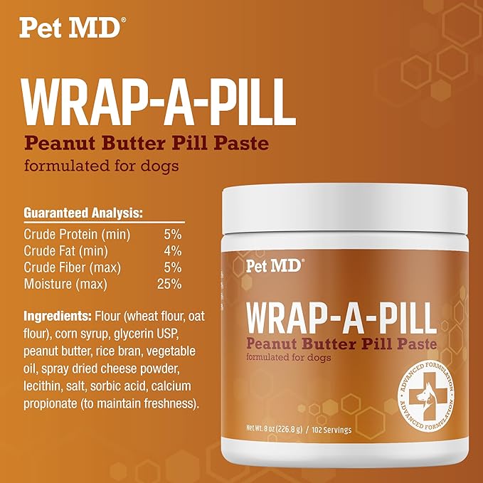 Pet MD Wrap A Pill Peanut Butter Flavor Pill Paste for Dogs - Make a Pocket or Pouch to Hide Pills & Medication - 8 oz (Pack of 2)