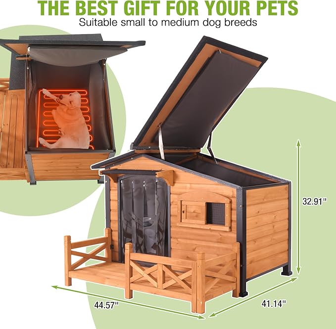 GUTINNEEN Heated Dog House Outdoor Dog Kennel with Safe Heated Pad, Chew-Proof Metal Frame and Rotating Food Bowl for Small to Medium Dogs, 44.6" L x 41.1" W x 32.9“H (Brown)