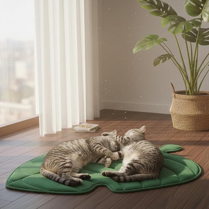 NWK Green Leaf Shaped Self Warming Cat Bed Mat, Thermal Dog Mat Cat Pad, Washable, Non-Slip Bottom for Sofa & Crate & Kennel & Car Seat (Green Leaf, Large (30'' X 19''))