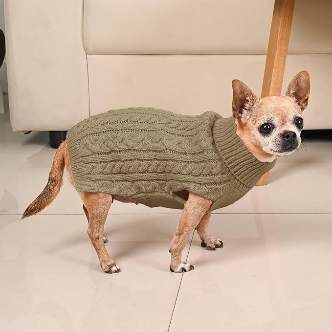 2 Pack Dog Sweaters for Small Dogs Turtleneck Pullover Cable Knit Puppy Stretch Clothes Chihuahua Yorkie Pomeranian Toy Poodle Boy Girl Pets Winter Doggie Clothes (S, Green & Brown)