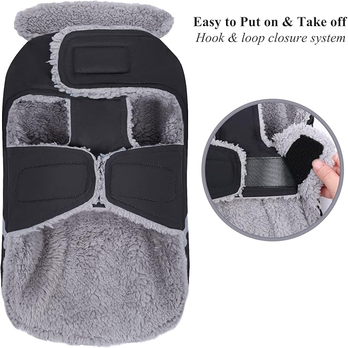 VIVAGLORY Frostfit Dog Coat, Dog Jacket for Winter & Cold Weather, Warm Fluffy Fleece Lined Water Resistant Reflective for Puppy, Coat with Velcro Fastening & Leash Hole, M, Black