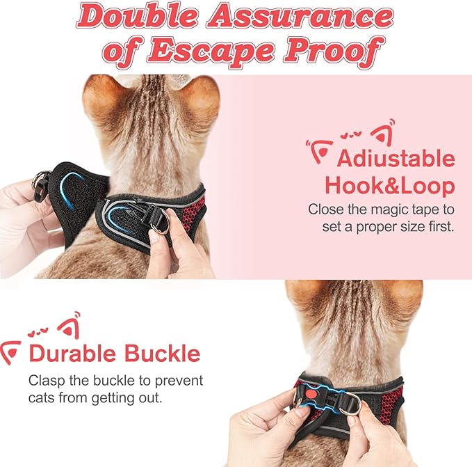 Cat Harness and Leash for Walking Escape Proof, Adjustable Kitten Vest Harness Reflective Soft Mesh Puppy Harness for Outdoor, Comfort Fit, Easy to Control (Red, XS)
