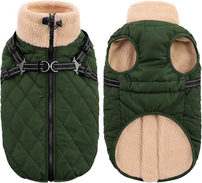 Queenmore Dog Coat, Dog Coats for Small Dogs, Doggy Winter Jacket with Zipper On Back, Waterproof Pet Jacket with Harness Built in, Pet Puffer Coat for Bichon, Schnauzer, Yorkie, ArmyGreen S