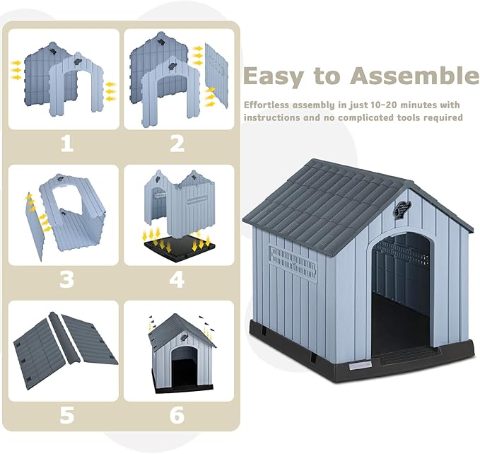 PUKAMI Large Dog House Outdoor Indoor, Plastic Dog House Weatherproof for Large Dogs, Study Puppy Shelter with Air Vents and Elevated Floor, Easy Clean and Assemble (Grey, 31.5"D x 33.5"W x 33.9"H)