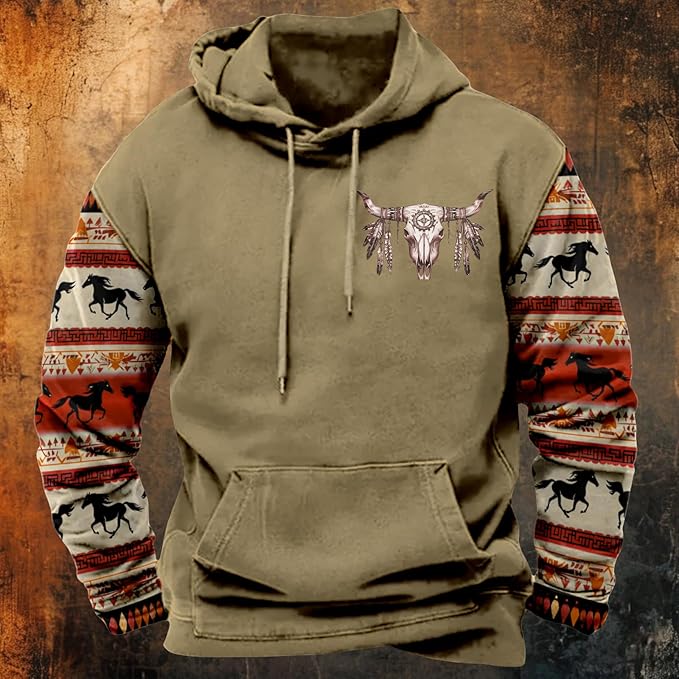 HOTYD Mens Western Aztec Sweatshirts Long Sleeve Fall Fashion Drawstring Pullover Vintage Graphic Cowboy Hoodie for Men