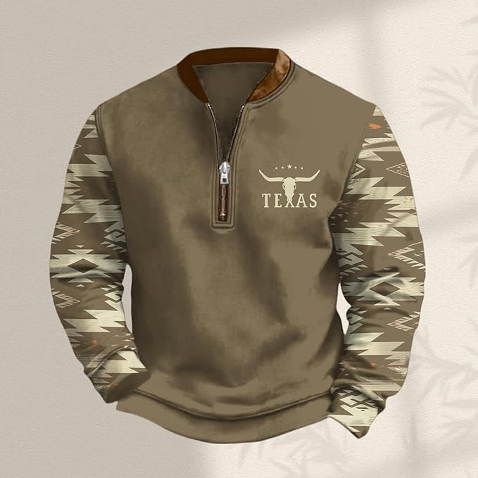HOTYD Aztec Cowboy Jacket Men Vintage Bullhorn Printed Oversized Western Sweatshirt Long Sleeve Quarter Zip Pullover