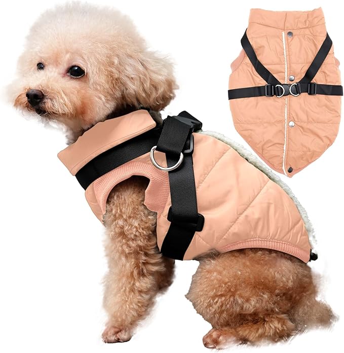 Dog Jacket with Harness,Fleece Lined Warm Puppy Coat for Winter,Soft Windproof Small Dog Vest,LightOrange S
