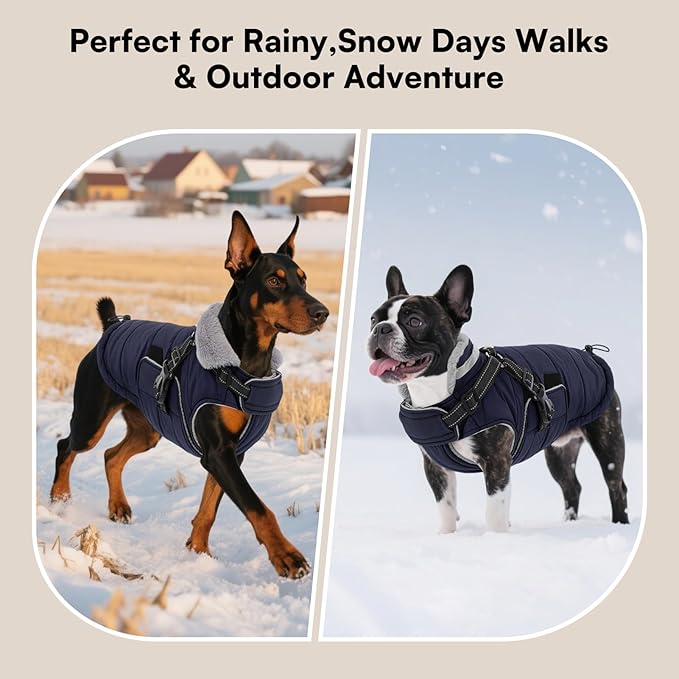 Queenmore XXXL Dog Coats for Extra Large Dogs Winter with Harness Built-in, Warm Waterproof Snow Jacket Large, Cold Weather Outdoor Puffer Coat - Fleece Lining Velcro Closure Reflective Easy On, Navy