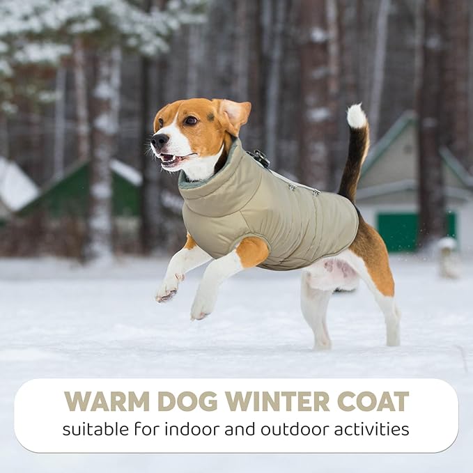 IDOMIK Warm Dog Coat with Harness, Waterproof Reflective Dog Jackets for Small Medium Large Dogs, Fleece High Collar Winter Jacket with Zipper, Pet Winter Snowsuit Clothes for Cold Weather,Khaki L