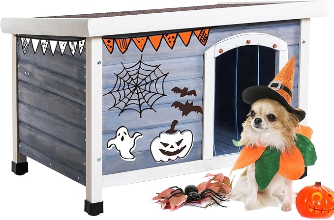 Petsfit Large Dog House, Wooden Outdoor Dog Kennel w/Hinged Roof, Weatherproof Dog Houses for Small Dogs Outside w/Adjustable Foot Pads, 33.7" L X 22.6" W X 23" H, Grey