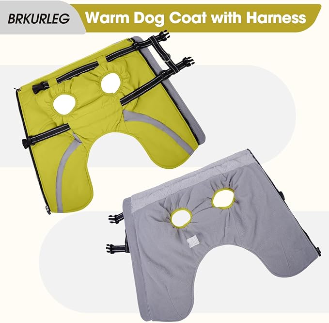 BRKURLEG Dog Winter Jackets for Large Dogs, Dog Coat with Harness Built in, Dogs Snowsuits with Zipper, Waterproof Windproof Pet Puffer Jacket Fleece Vest for Labrador, German Shepherd, Green XXXL