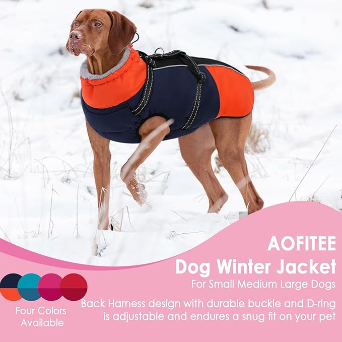 AOFITEE Dog Coat, Warm Dog Jacket with Harness Built-in, Waterproof Medium Dogs Cold Weather Coat with Zipper, Reflective Fleece Lined Pet Snow Jackets for Pug, Jack Russell, Boston Terrier, Blue M