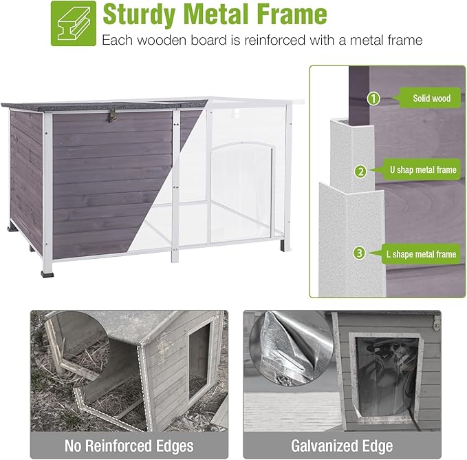 GUTINNEEN Heated Dog House Outdoor 59.1" Exra Large Dog Kennel with Metal Frame Insulated Dog Crate Cage for Large Dogs Outside with Heater and Insulated Liner, Grey