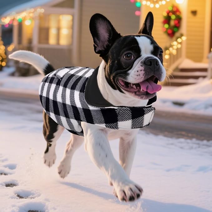 ASENKU Dog Winter Coat, Fleece Doggie Jacket Plaid Reversible Vest Waterproof Windproof Cold Weather Clothes for Small Medium Large Dogs (XXL, White)