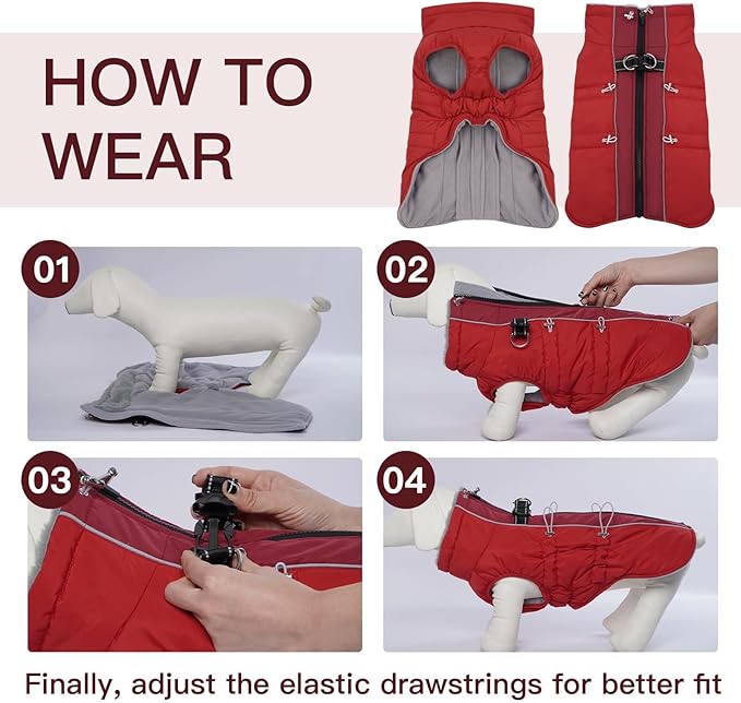 Dog Coat - XS, Warm Zip Up Snowsuit Dog Harness Vest, Reflective Water-Resistant, Red