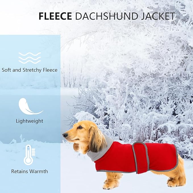 Geyecete Dachshund Sweaters - Dachshund Dog Jacket, Winter Coat with Padded Fleece Lining, High Collar, Snowsuit with Adjustable Bands - Red, XS