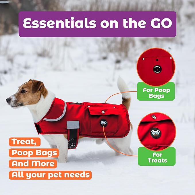 Joyride Harness FrostFlex Dog Winter Jacket - Fleece Lined & Water-Resistant - Snowsuit with Pockets for Treats & Poop Bags - Durable Cold Weather Dog Coat - Red Rush-XS
