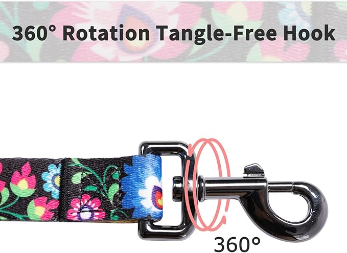 Ihoming Dog Collar and Leash Set for Daily Outdoor Walking Running Training, Black Colorful Flowers Design for Large Boys Girls Dogs Cats Pets, L-Up to 80LBS