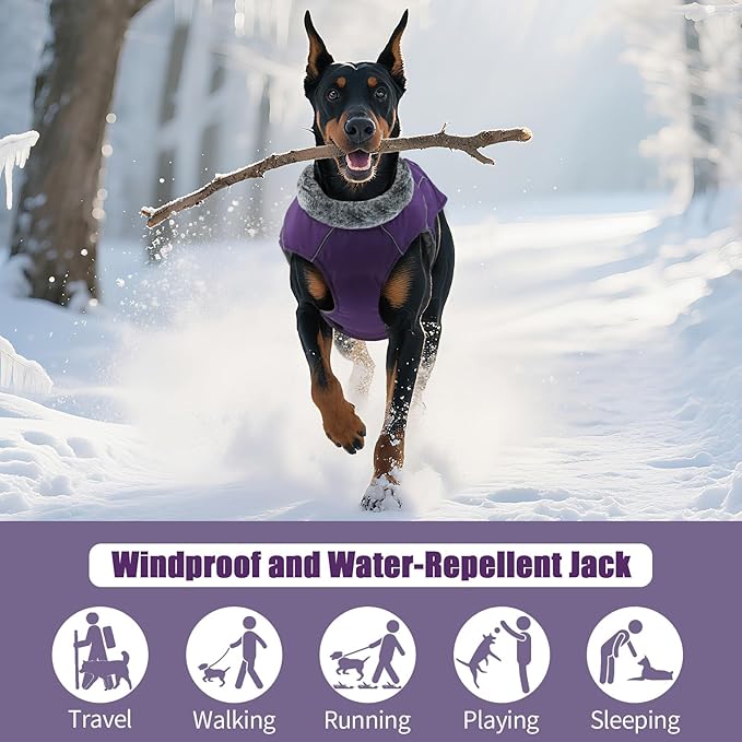 DENTRUN Small Dog Winter Warm Coat - Windproof Cozy Jacket, Thick Fleece Vest with Adjustable Belt, Water Repellent, Reflective Dog Sweater for Yorkie Dachshund Wear, Purple, S