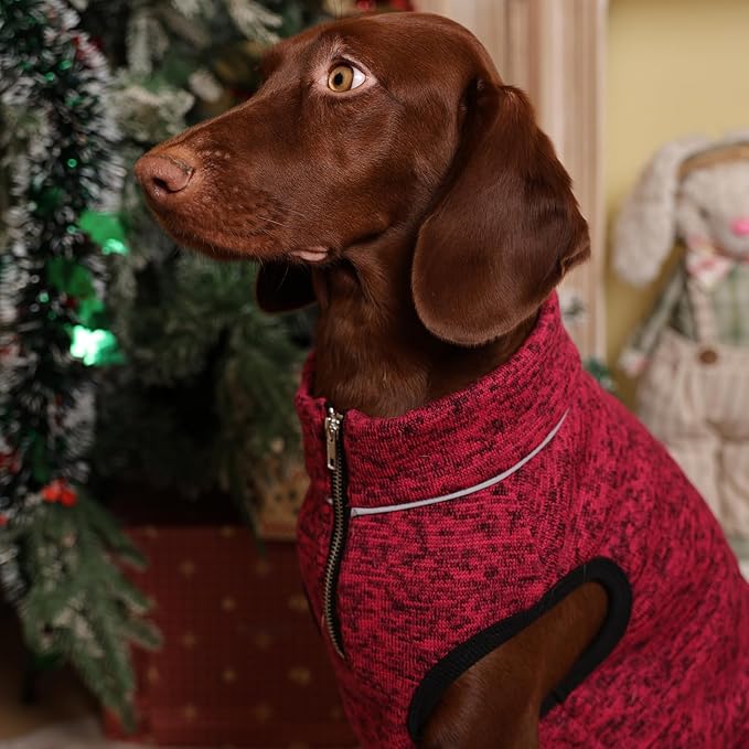 ROZKITCH Dog Sweater, Knit Dog Jacket with Fleece Lining, Dog Coats for Small Dogs with Zipper Opening for Harness, Fleece Dog Jacket Adjustable Neck Reflective Pet Jacket Rosered L