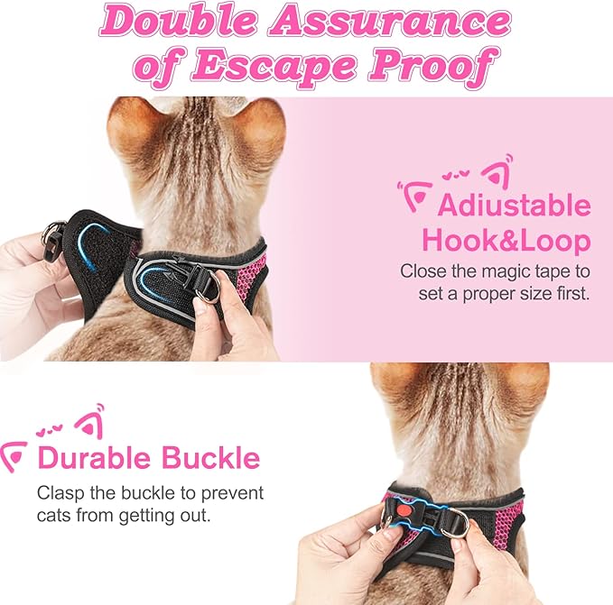 Cat Harness and Leash for Walking Escape Proof, Adjustable Kitten Vest Harness Reflective Soft Mesh Puppy Harness for Outdoor, Comfort Fit, Easy to Control (Pink, S)