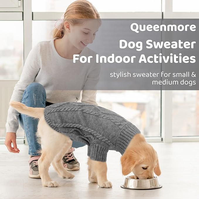 Queenmore Small Dog Pullover Sweater, Cold Weather Cable Knitwear, Classic Turtleneck Thick Warm Clothes for Chihuahua, Bulldog, Dachshund, Pug (Slate Grey, X-Large)