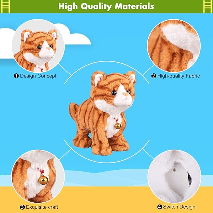 Pattern Yellow Plush Cat Stuffed Animal Interactive Cat Robot Toy, Barking Meow Kitten Touch Control, Electronic Pet Kitty Toy, Animated Toy Cat for Girl Baby L:12" * H:8" * W:5"