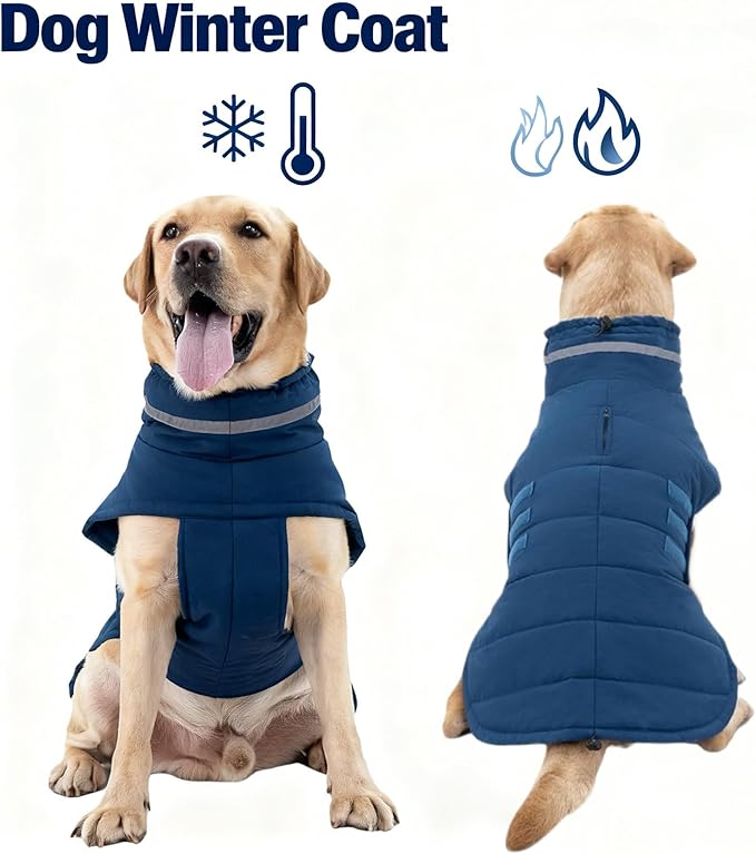 Dog Coat, Waterproof Winter Jacket, Warm Windproof Jacket, Reflective Adjustable Turtleneck Coats for Medium Dogs with Hook & Loop - Blue - M