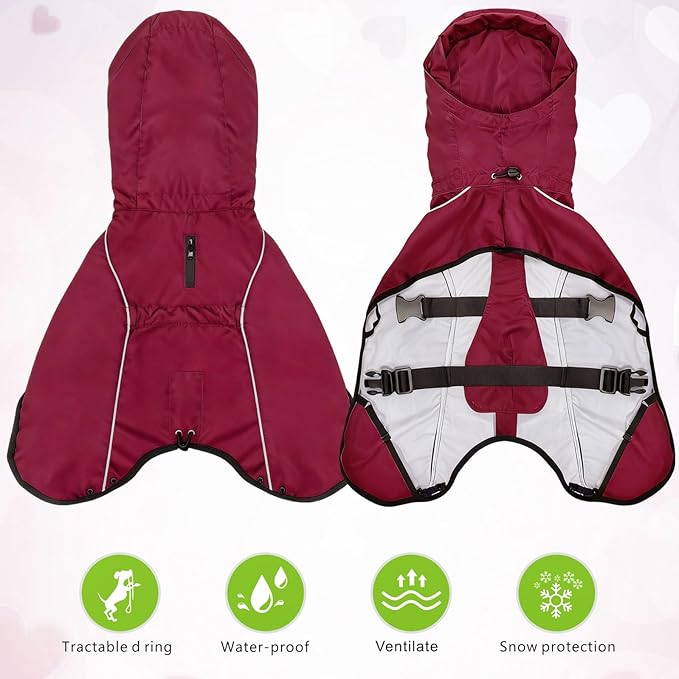 Mosucoirl Dog Raincoat Jacket Reflective Adjustable Hooded Pet Poncho Rain Coats with Leash Hole Waterproof Clothes for Small Medium Large Dogs (Red, XL)