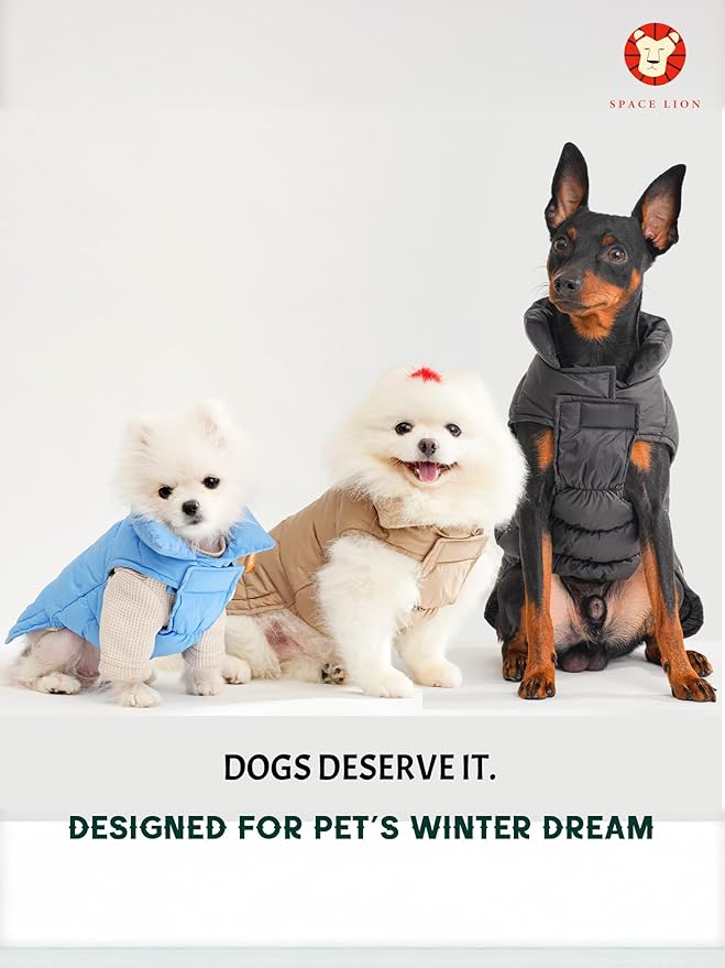 SPACE LION Dog Puffer Jacket, Down Winter Coat, Durable Outdoor Coat for Cold and Windy Conditions, Waterproof, Lightweight Jacket, Adjustable Fit for Small, Medium, Large Dogs(Black,10/S)