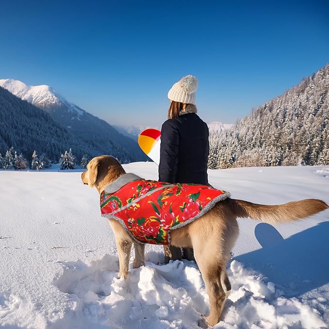 VIVAGLORY Snowrap Dog Coat, Jacket with Harness Hole & Velcro Closure, Dog Coat for Winter & Cold Weather, Fluffy Warm Fleece Lined Reflective Water Resistant for Puppy, XL, Northeast Florals-Red
