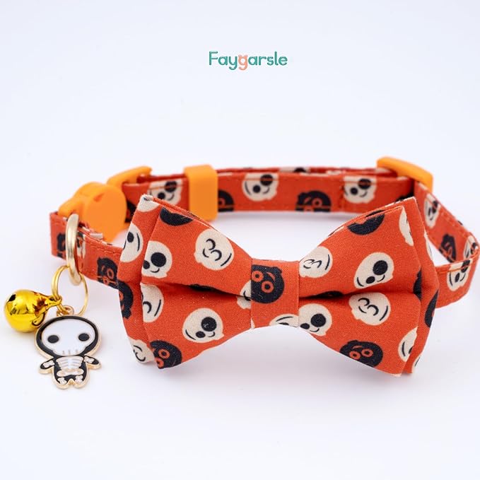 Faygarsle 2 Pack Cute Seasonal Cat Collar for Halloween and Fall Breakaway Collar with Bells Bowtie Cute Patterns for Female and Male Cats Orange Purple Cat Collar
