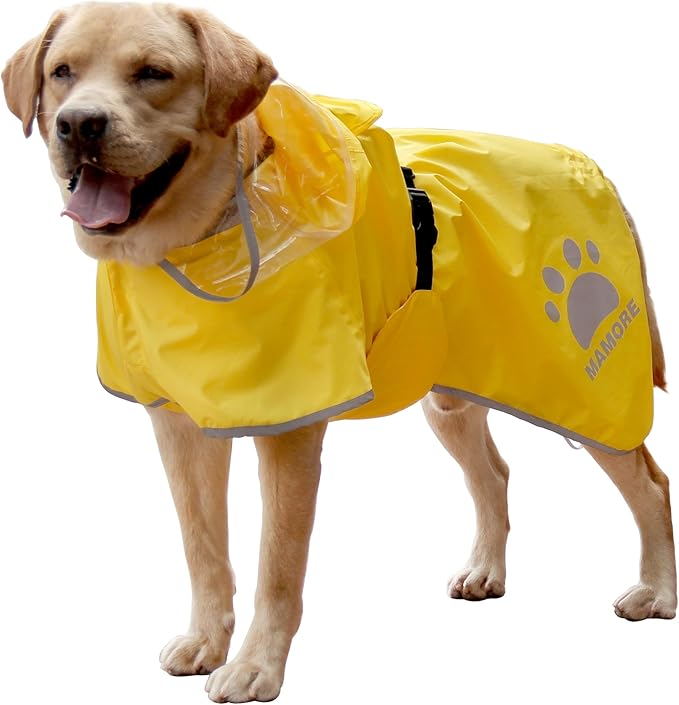 MAMORE Dog Raincoat Waterproof, Lightweight Adjustable Dog Rain Coat Hooded Poncho with Reflective Strip for Large Medium Small Dogs (Yellow, Large)