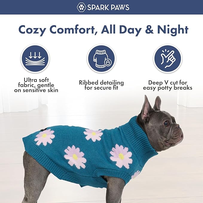 Spark Paws Knit Dog Sweater – Ultra Soft Warm Winter Dog Sweater for Small, Medium & Large Dogs – Stretch Fit Pet Sweater for French Bulldog, Pitbull, Girl & Boy Dogs Jacket, (Flower,M)