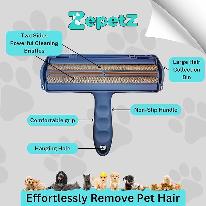 Pet Hair Remover Roller โ Reusable Self-Cleaning Fur Removal Tool for Dogs & Cats โ Ergonomic & Eco-Friendly Lint Roller for Couch, Carpet, Bed, Car Seat & More (Blue)