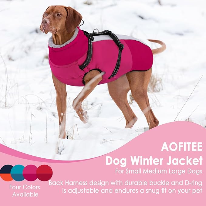 AOFITEE Small Dog Coat, Waterproof Dog Winter Jacket with Harness Built in, Warm Fleece Lined Dogs Jacket for Cold Weather, Reflective Pet Snow Jackets with Zipper for Yorkshire, Schnauzer, Hot Pink S
