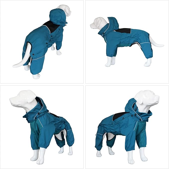 LOVELONGLONG Waterproof Dog Raincoat with Removable Hood – Outdoor Full Body Dog Jacket, Windproof Snowproof Shell Suit – All Season Pet Rain Gear Ocean Teal S+