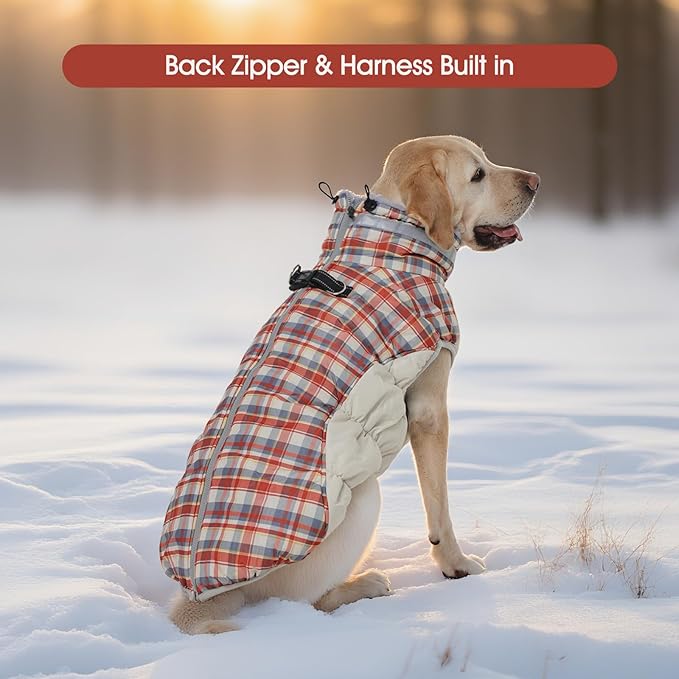FUAMEY Dog Coat for Small Dogs,Waterproof Dog Winter Jacket with Harness Built in Puppy Cold Weather Coats Reflective Pet Vest with Zipper Warm Fleece Dogs Snowsuit Windproof Red Plaid XS