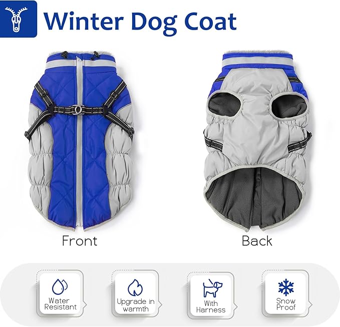 Dog Winter Coat with Harness, Dog Jacket, Pet Clothes with Zipper on Back, Waterproof Windproof Warm Vest, Reflective Cold Weather Coats, for Small Medium Large Dogs, Thick, Blue, XL