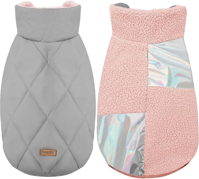 EMUST Dog Jacket, Warm Reversible Dog Winter Coat with Fleece Lining, Thick Plush Puppy Coats, Pink, XL