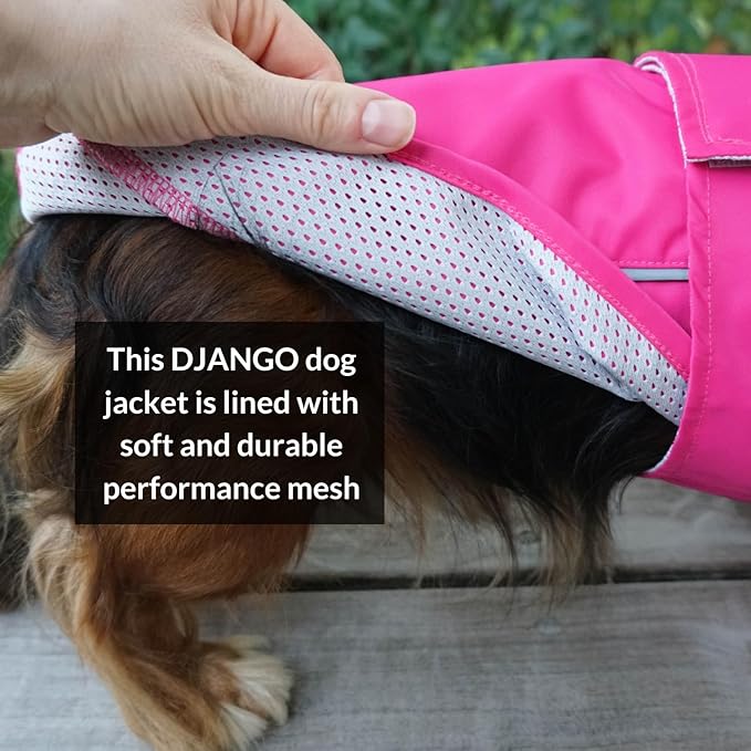 DJANGO Dog Jacket & Raincoat – Lightweight Water-Resistant Coat for Small, Medium & Long Dogs Like Dachshunds – Reflective, Adjustable Fit, Harness-Compatible & Easy-Access Harness Hole - Pink, Small
