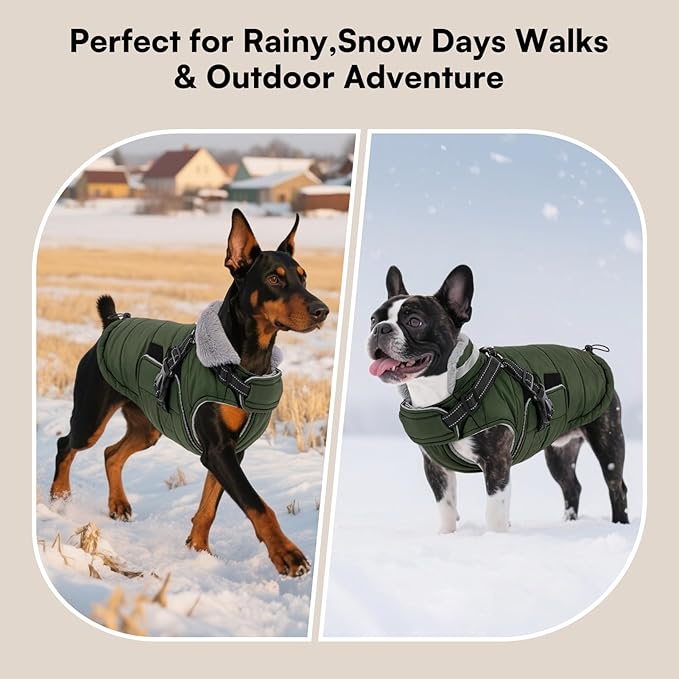 Queenmore Small Winter Dog Coat with Harness Built-in, Waterproof Winter Jackets for Small Dogs, Puppy Warm Puffer Jacket for Snow/Cold Weather - Fleece Reflective Easy On Velcro Closure, Green S
