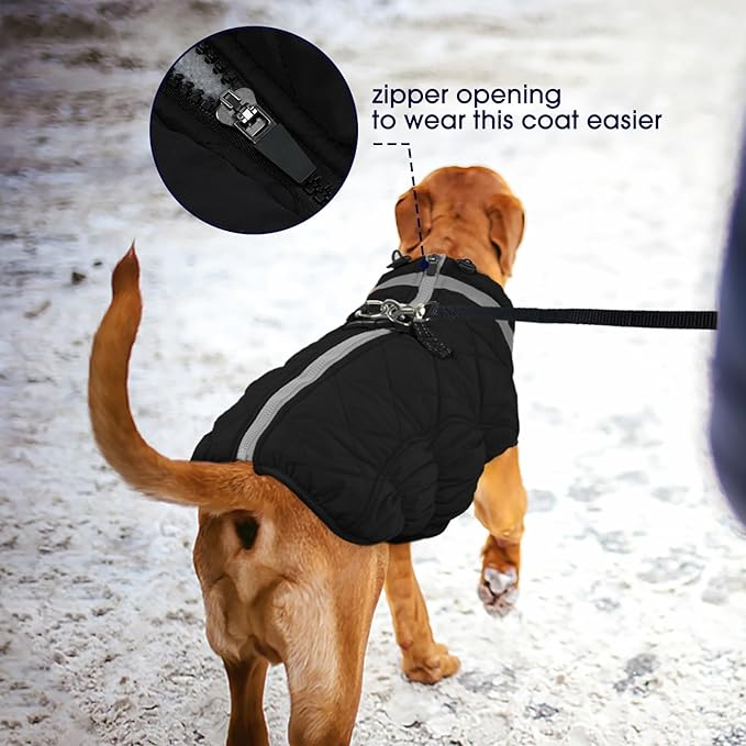 FUAMEY Dog Coat for Medium Dogs,Waterproof Dog Winter Jacket with Harness Built in Puppy Cold Weather Coats Reflective Pet Vest with Zipper Warm Fleece Dogs Snowsuit Windproof Solid Black M