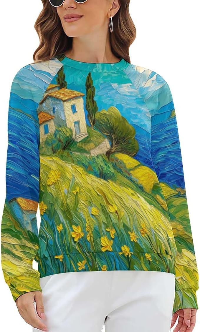 Long Sleeve Shirts for Women Cat Oil Painting Shirt 3D Graphic Sweatshirts Fall Pullover Crewneck Vintage Boho Tops