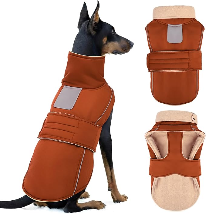 ASENKU Warm Dog Coat, Waterproof Dog Jackets for Large Dogs with Reflective Fleece Vest Turtleneck with Button,Windproof Cold Weather Coats for Small Medium Large Dogs, Red Brown, 3XL