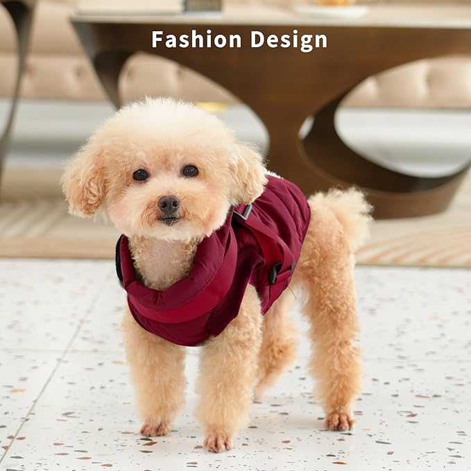 Dog Jacket with Harness,Fleece Lined Warm Puppy Coat for Winter,Soft Windproof Large Dog Vest,Red XXL