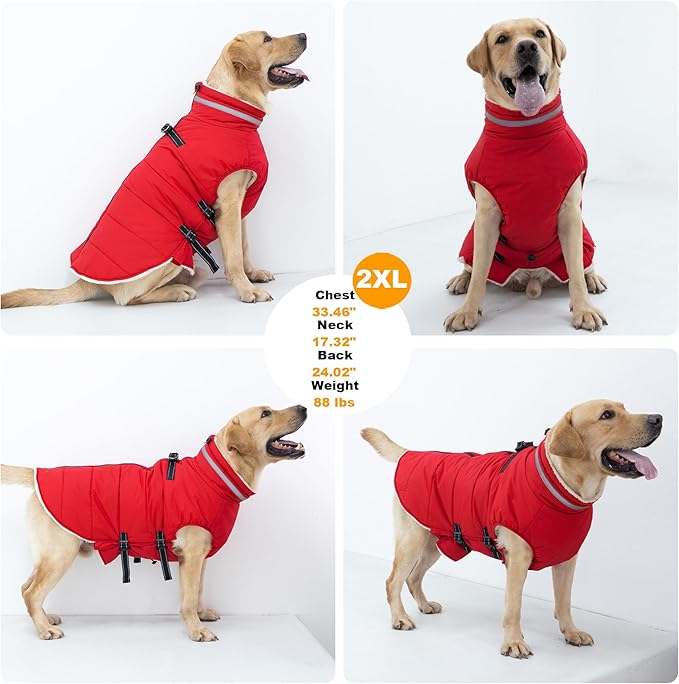 Large Dog Coat with Harness Built-in, Waterproof Reflective Fleece Lined - Warm Windproof Winter Jacket with Back Zipper, Cold Weather Snow Dog Coats - Red - 2XL