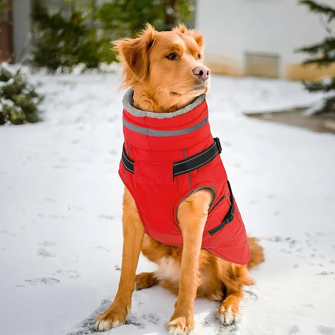 PETDSH Dog Coat Large, Built-in Harness Dog Jacket with Warm Fleece Lining, Waterproof Reflective Dogs Winter Coat, Pet Coats with Pocket and Trash Bags (Red, X-Large)