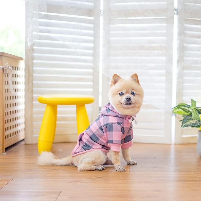 KOOLTAIL Plaid Dog Hoodie Pet Clothes Sweater with Hat and Pocket for Small Medium Large Size Dogs, Soft Winter Warm Dog Cold Weather Coat, Fleece Fall Dog Hooded Sweatshirt for Puppy Cats, Pink M