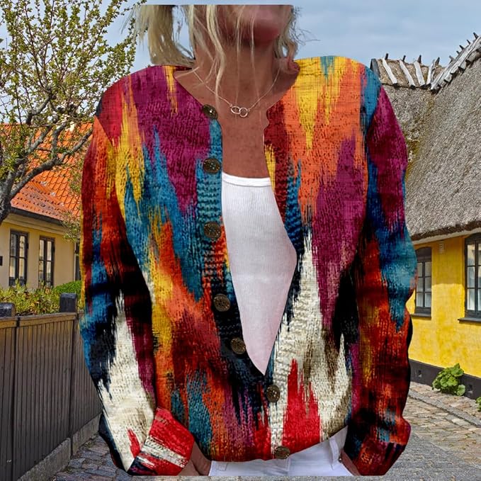 HOTYD Aztec Print Cardigans Sweaters for Women Crewneck Graphic Button Cardigan Casual Chunky Knit Sweater Fall Outfits